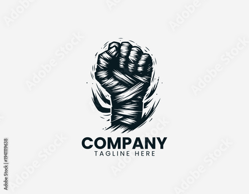 Clenched fist wrapped in bandages black vector logo illustration isolated on white background