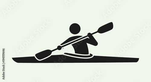 Silhouette of a person kayaking, paddling with a double-bladed oar, simple icon representing water sports and outdoor activity.