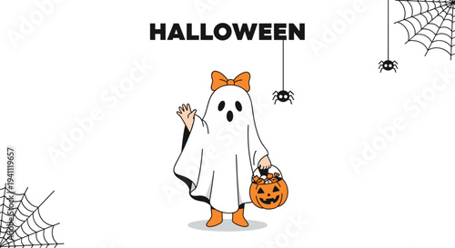 Cute child in a ghost costume holding a pumpkin bucket full of candy for trick or treating on a spooky Halloween night.
