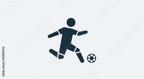 Soccer player icon kicking a football, minimalist silhouette design representing athletic activity, sports game, and team competition on a clean background.