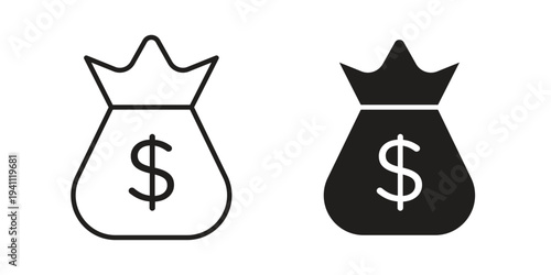 Money bag icon, line pictogram on white.