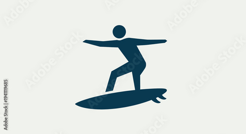Stylized icon of a person surfing on a surfboard, representing water sports, recreation, and beach activities. Simple vector illustration for web design and mobile apps.