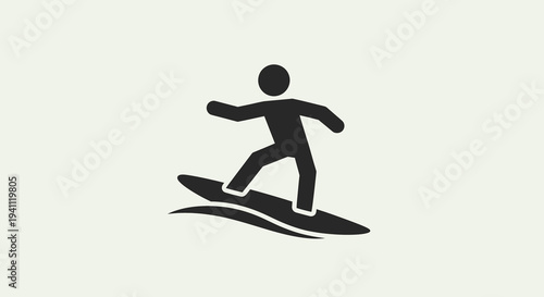 Simple pictogram of a surfer riding a wave on a surfboard, representing water sports and outdoor activities.