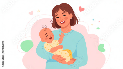 Smiling mother holding crying baby in arms with hearts and sparkles around them