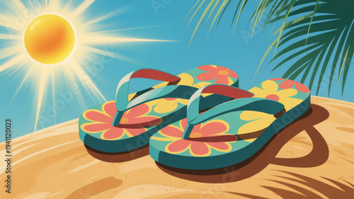 Colorful flip flops on sandy beach with sunny palm tree background