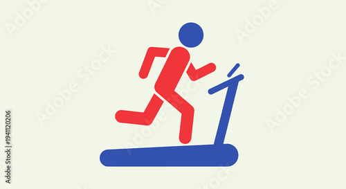 Modern flat design illustration of a red stylized person running on a blue treadmill, symbolizing fitness, exercise, and a healthy lifestyle.
