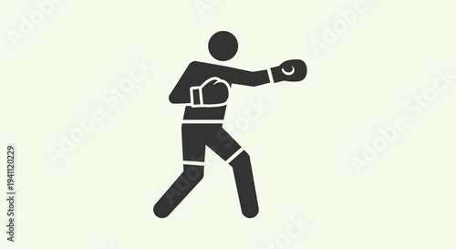 Simple black silhouette icon of a boxer throwing a punch, isolated on a light background, representing combat sports and fitness.