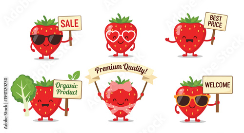 Group of cute strawberry characters holding various marketing signs like sale, best price, organic product, and welcome messages.