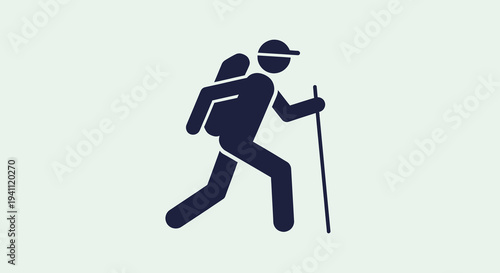 Silhouette icon of a hiker with a backpack and hiking pole on a light background