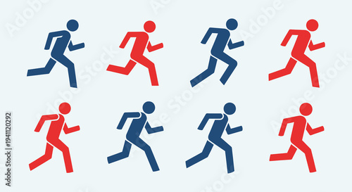 Set of running human figures icons in blue and red colors, representing movement and activity