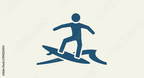 Simple blue icon depicting a person surfing on a wave, symbolizing summer sports, beach activities, ocean recreation, and an active lifestyle.
