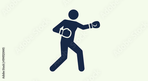 Boxing man icon in fighting stance, ready to punch. Simple graphic silhouette of an athlete with boxing gloves, representing sport, fitness, and competition.