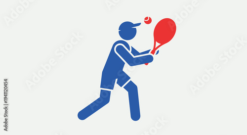 Dynamic blue stick figure tennis player icon hitting a red ball with a racket, symbolizing sports, recreation, and active lifestyle. Vector illustration.