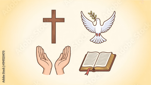 Christian faith symbols including cross praying hands dove with olive branch and holy bible on yellow background