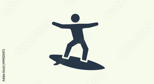 Minimalist black silhouette icon of a surfer balancing on a surfboard, representing water sports, beach lifestyle, summer activities, and ocean recreation.