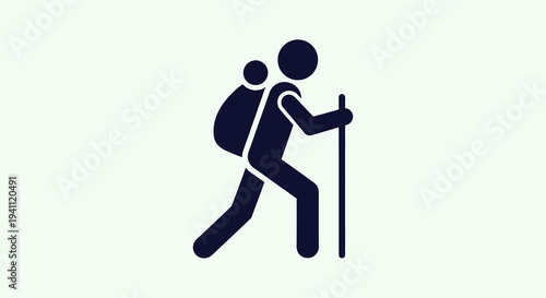 Silhouette of a hiker with a backpack and trekking pole walking on a white background, representing outdoor adventure and activity.