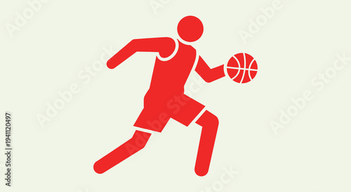 Red silhouette of a basketball player dribbling a ball on a light background, dynamic sports illustration