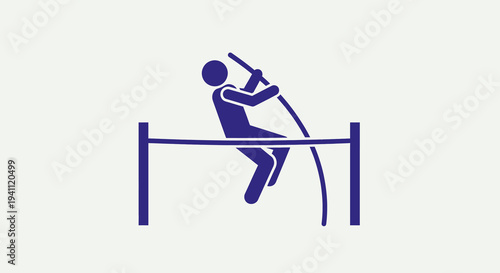 Simple blue stick figure athlete pole vaulting over a bar, representing sports and athleticism