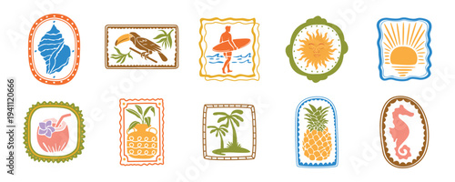 Vintage Tropical Summer Stamp Collection Illustration Set