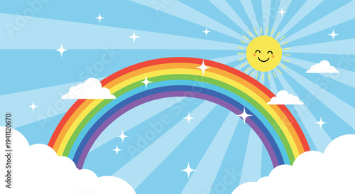 Bright colorful rainbow arching across a blue sky with a smiling sun, fluffy white clouds, and twinkling stars for a happy scene.