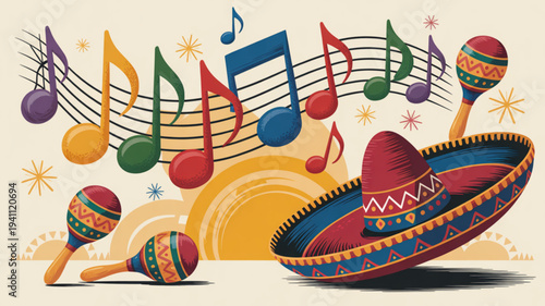 Vibrant sombrero and maracas with colorful music notes on beige background festive latin american celebration