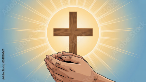 Praying hands holding a glowing cross symbolizing faith and spirituality with a sunburst background