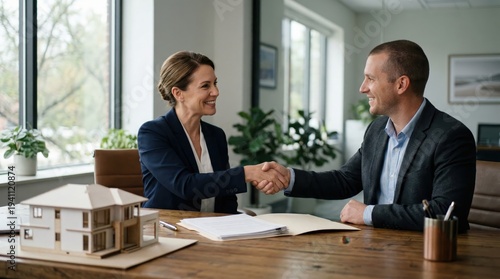 mortgage property terms value paperwork concept. Real estate agent and client shaking hands over house contract