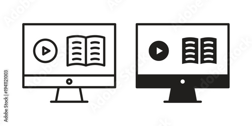 Online course icon, line pictogram on white.