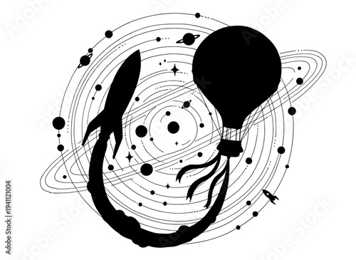 Space exploration with jellyfish and planets a striking silhouette on transparent background