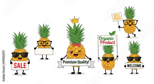 Group of fun pineapple fruit characters holding marketing signs like sale, best price, and organic product with a cute wink.