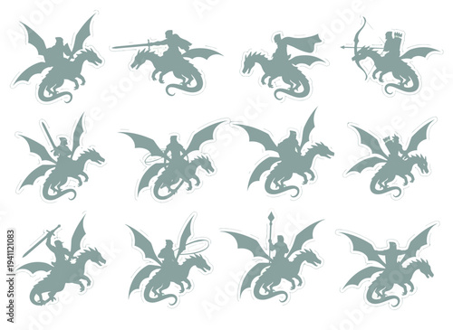 Nine green dragon riders in various poses on transparent background silhouette