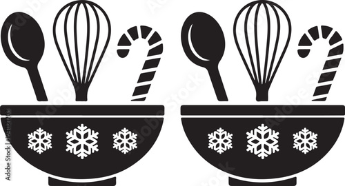 Two festive christmas baking bowls filled with utensils and candy canes silhouette