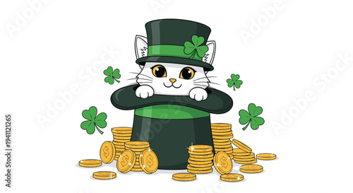Cute white cat peeking out of a green leprechaun hat surrounded by stacks of gold coins and four-leaf clovers for luck.