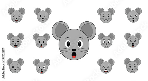 Collection of many different gray mouse head facial expressions including surprised, happy, winking, and sad on white background.