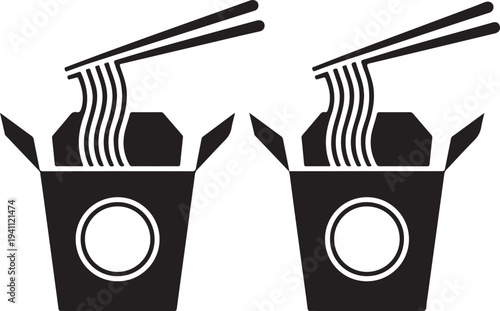 Two takeout noodle boxes with chopsticks silhouette