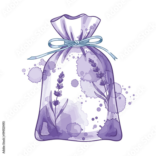 Lavender-themed scent pouch with floral patterns isolated on a white background, featuring delicate purple hues and decorative bow