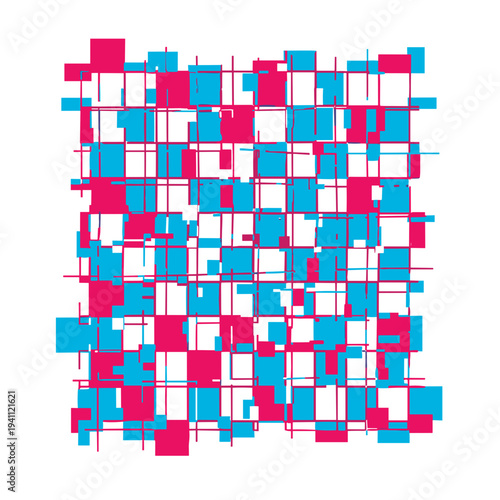 Abstract dented mesh pattern in vibrant pink and blue, isolated on a white background, featuring geometric squares and lines
