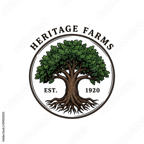 Heritage Farms Established 1920 Logo with Mighty Oak Tree