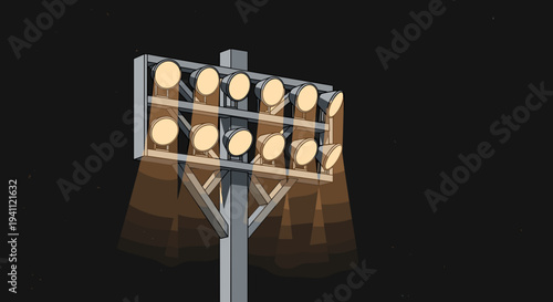 Large Stadium Floodlight on Black Background.