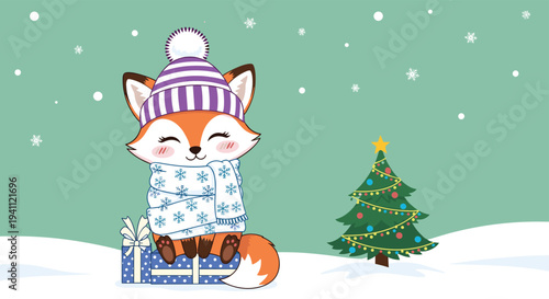Cute little fox wearing a warm purple striped hat and a snowflake patterned scarf sitting on a gift box in a winter landscape.