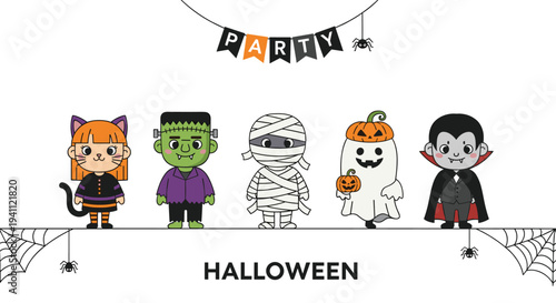 Diverse group of cute Halloween characters including a cat girl, Frankenstein, mummy, ghost, and vampire at a party.