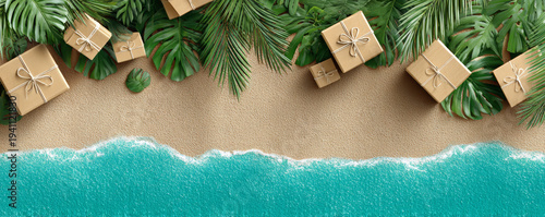 Tropical beach gift box banner leaf border festive holiday background joyful