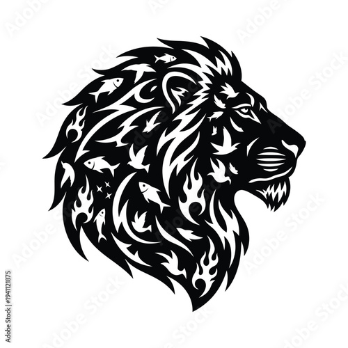 A black and white illustration of a lion's head with a fierce expression