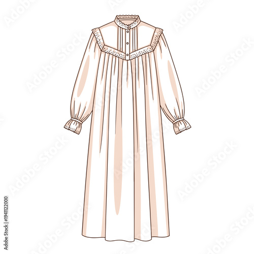 White cotton nightgown with lace trim and buttoned front, isolated on a plain background
