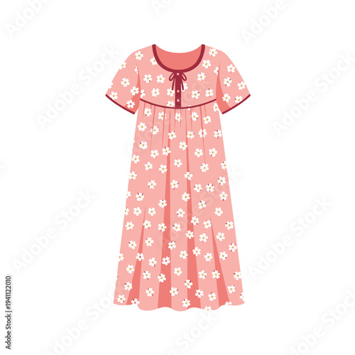 Illustration of a pink cotton nightgown with white floral patterns, isolated on a white background