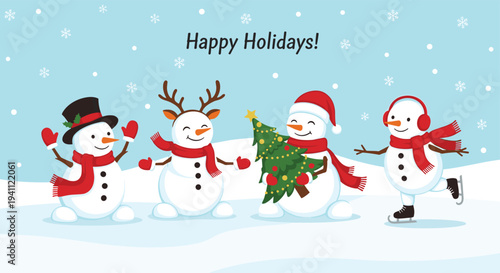 Group of cheerful snowmen celebrate the winter holidays with a christmas tree and ice skates on a snowy blue background with festive message.
