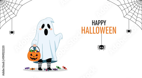 Halloween ghost character wearing striped socks and holding a pumpkin bucket filled with candy stands under a spider web for the spooky season.