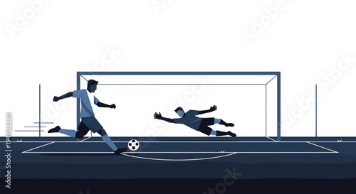 Soccer Player Kicking Ball Past Goalkeeper.