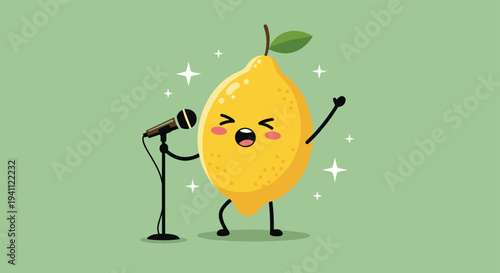 Funny lemon character is singing enthusiastically into a black microphone on a stand surrounded by sparkling stars and musical notes in air.