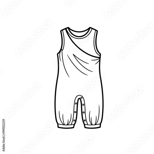 Black and white illustration of a sleep romper isolated on a white background with detailed line art and simple design